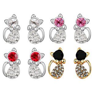 LINEL Crystal Cat Stud Earrings Set of 4 Silver Gold